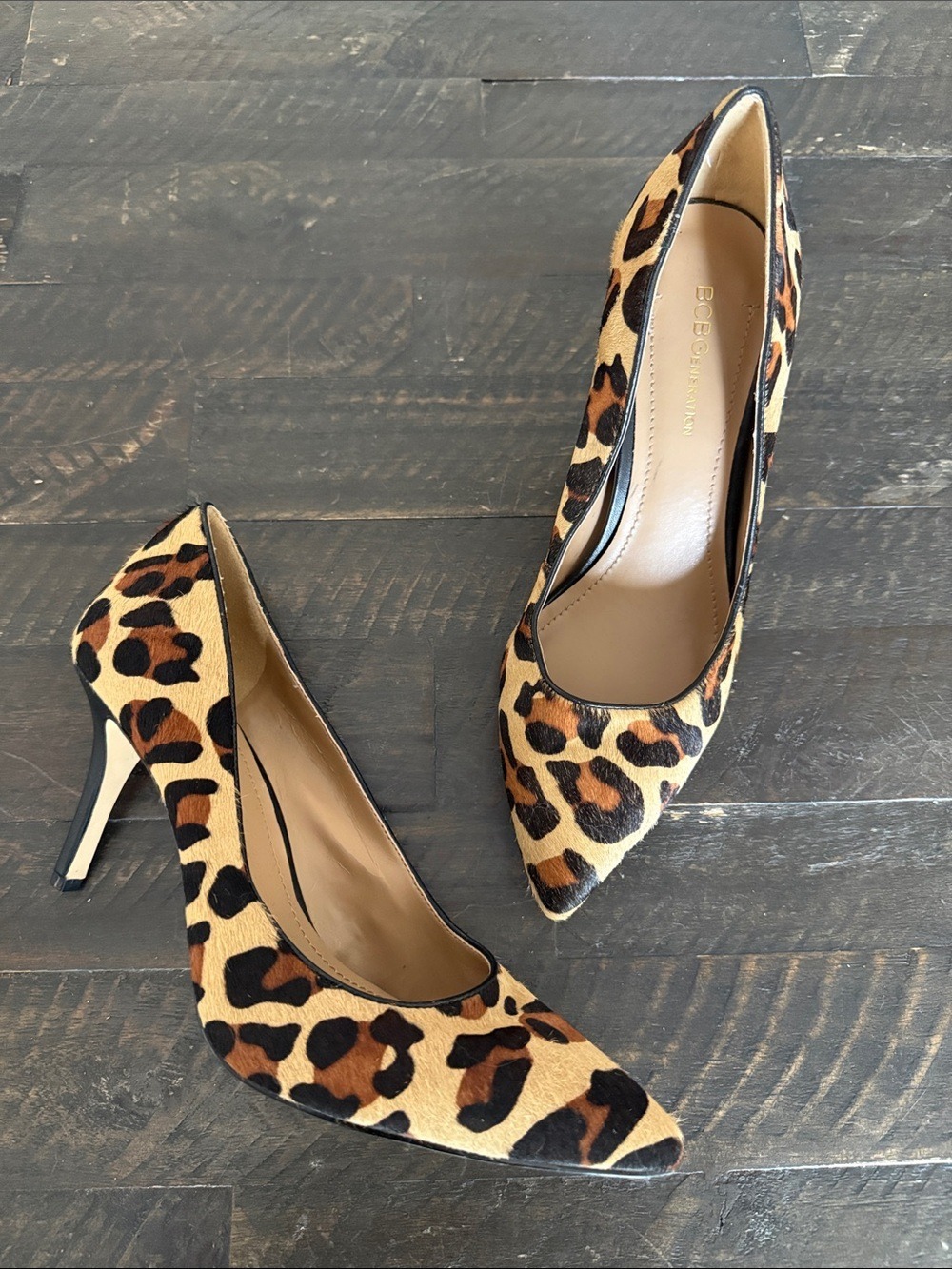 BCBGeneration Leopard Print Cow Hair Pointed Toe Pumps in Tan and Brown [PH]
